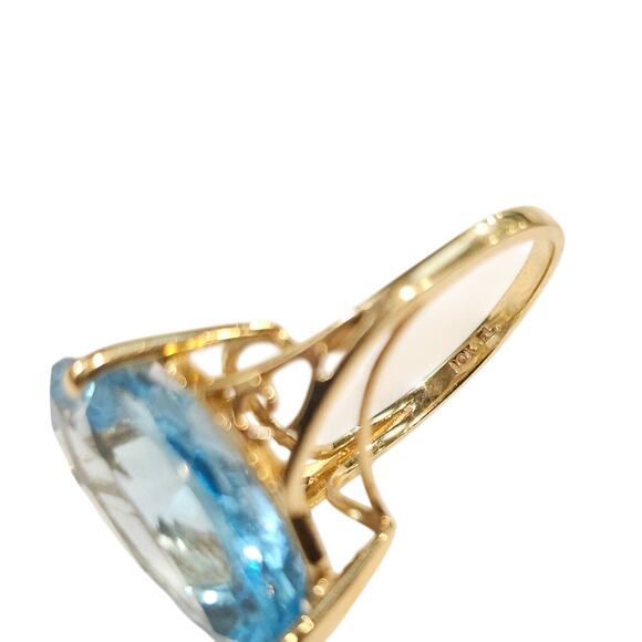 💎 Vintage 10K Gold Blue Topaz Cocktail Ring - Large Pear Cut 10 Carat Size 7 - Picture 6 of 8